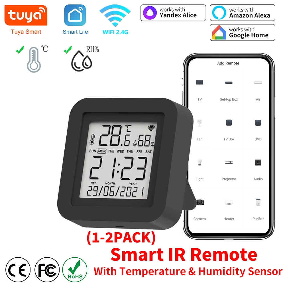 Smart IR Remote Control Smart Temperature Sensor Tuya WiFi IR Remote For Smart Home Air Conditioner TV AC Works with Alexa Google Home Yandex Temperature Humidity Sensor