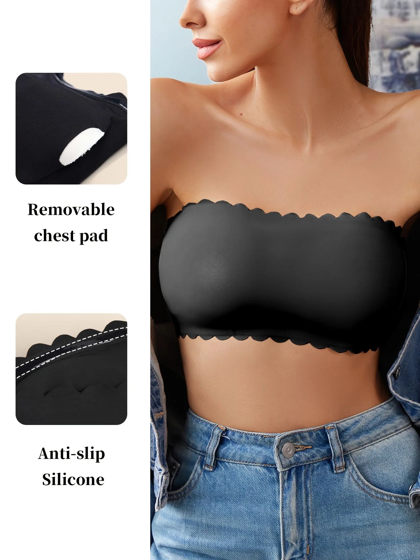 Hot Sale New Design Effective Slip-proof Scallop Side One Piece Bralette Padded Ice Silk Seamless Strapless Bra For Women 2