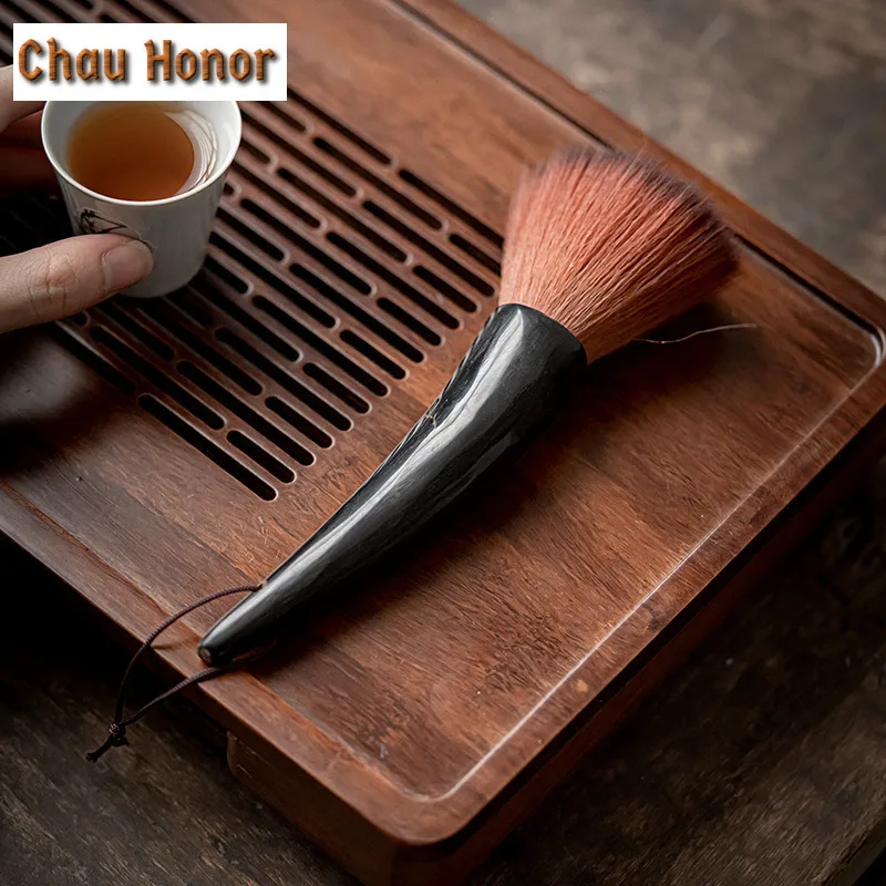 Chinese Kung Fu Tea Brush Handmade Black Ox Horn Wash Pot Cover Brush Bamboo Root Tea Spoons Tea Ceremony Parts Teaware Set Tool