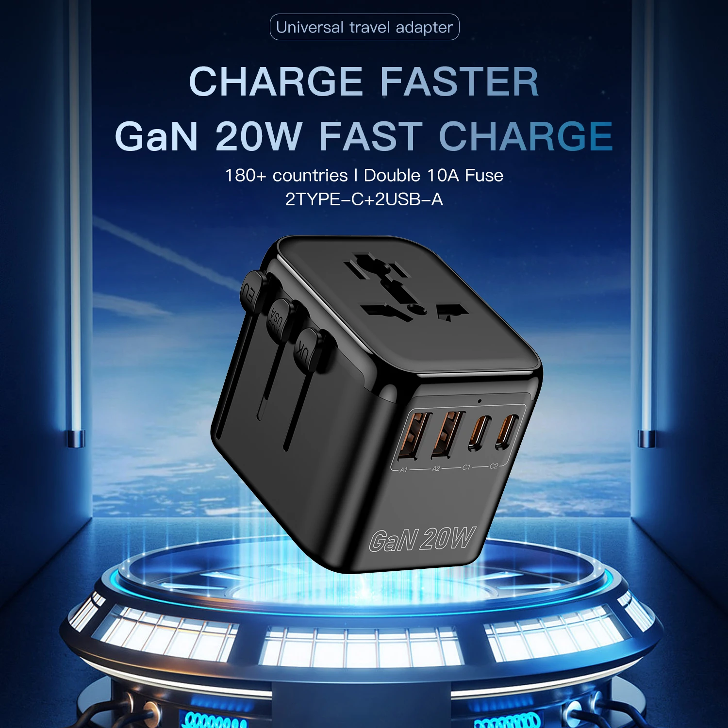 Universal GaN 20W Fast Charging Travel Adapter with Dual USB-C & USB-A Ports