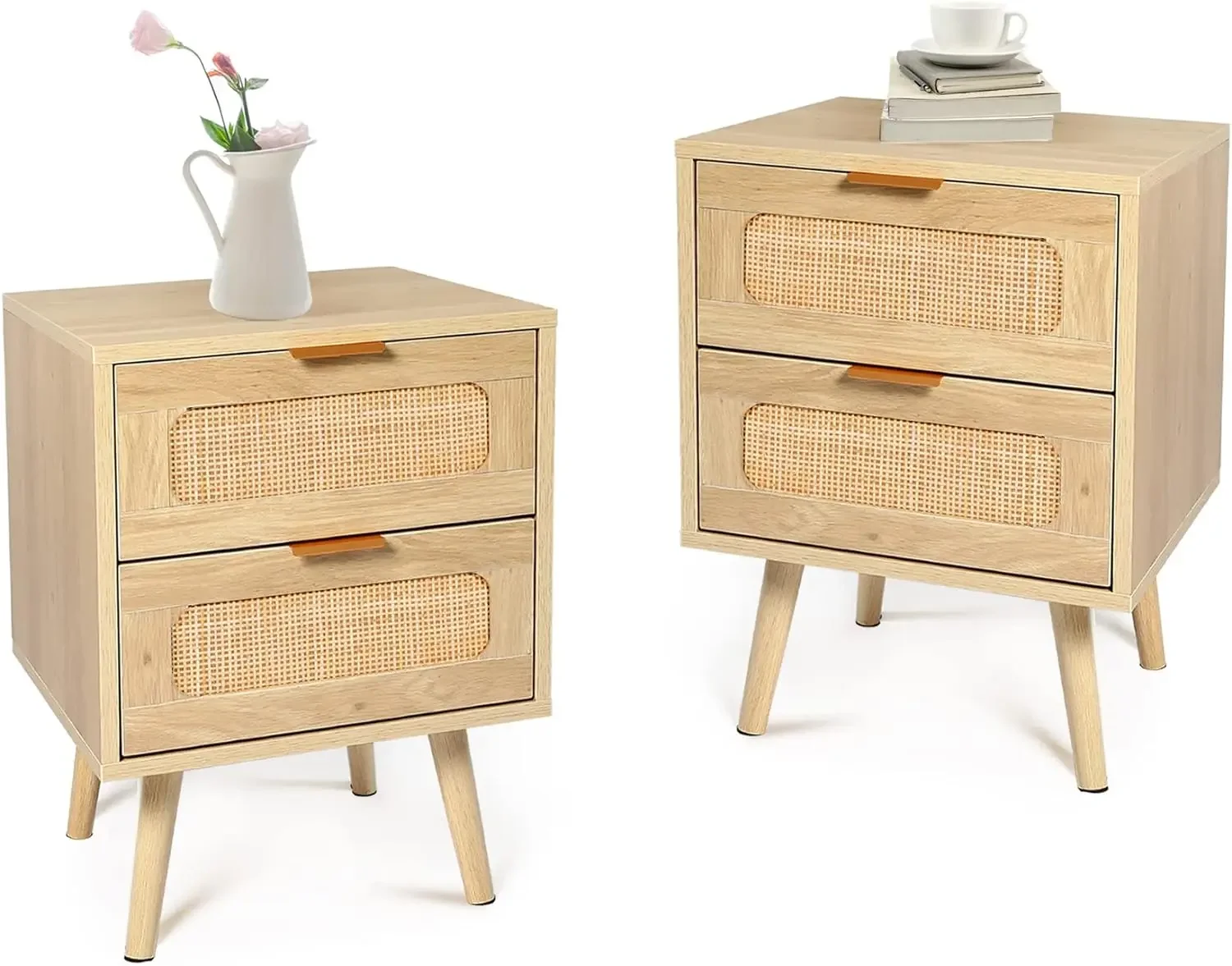 Nightstands with Rattan Drawer, Modern Night Stand for Bedrooms, Wooden Drawer Bedside Table Side Table for Small Place