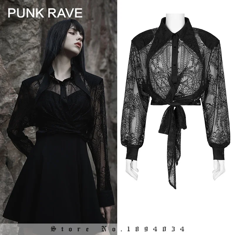 

PUNK RAVE Women's Gothic Romantic Bandage Lace Shirt with Shoulder Pads Lolita Black Jacquard Thin Coat Spring Spring&Summer