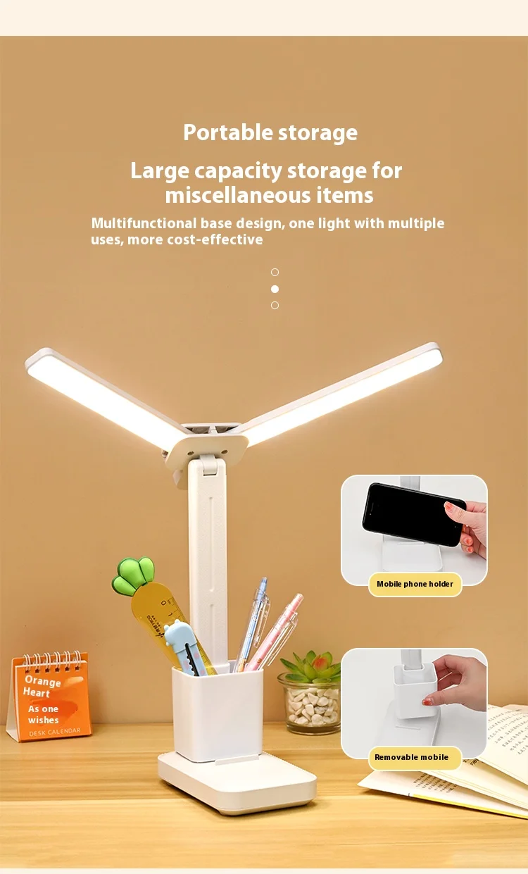 LED double-head desk lamp, 3-level dimmable touch night light, USB rechargeable, eye-protection, foldable bedside reading desk