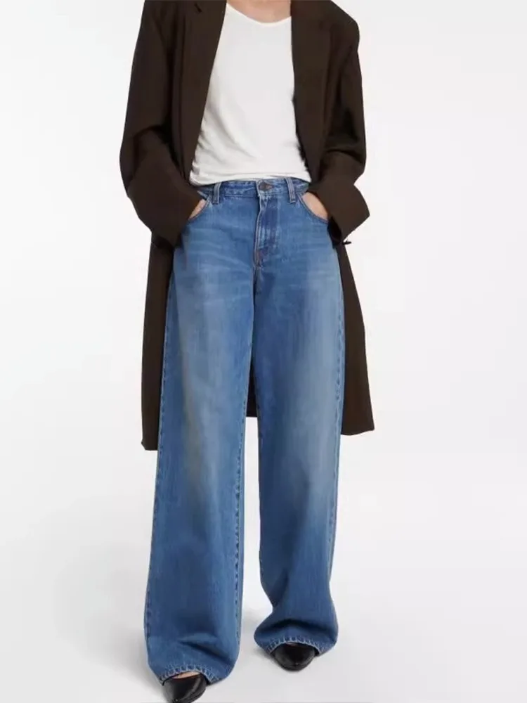 Dave&Di High Street Fashion Minimalist Autumn/Winter Jean Mid Waist Loose Vintage Floor Sweeping Wide Legged Pants Cropped Jeans