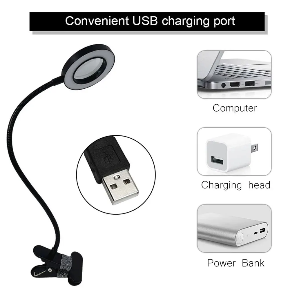 Lampe Loupe LED avec Clip - Grossissement 3X, 3 Couleurs, USB, pour Modélisme