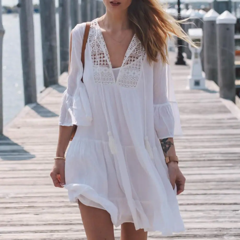 

Loose Mini Dress V-neck Mini Dress Tassel V Neck A-line Mini Dress Stylish Hollow Out Patchwork with Ruffle Hem Three for Women