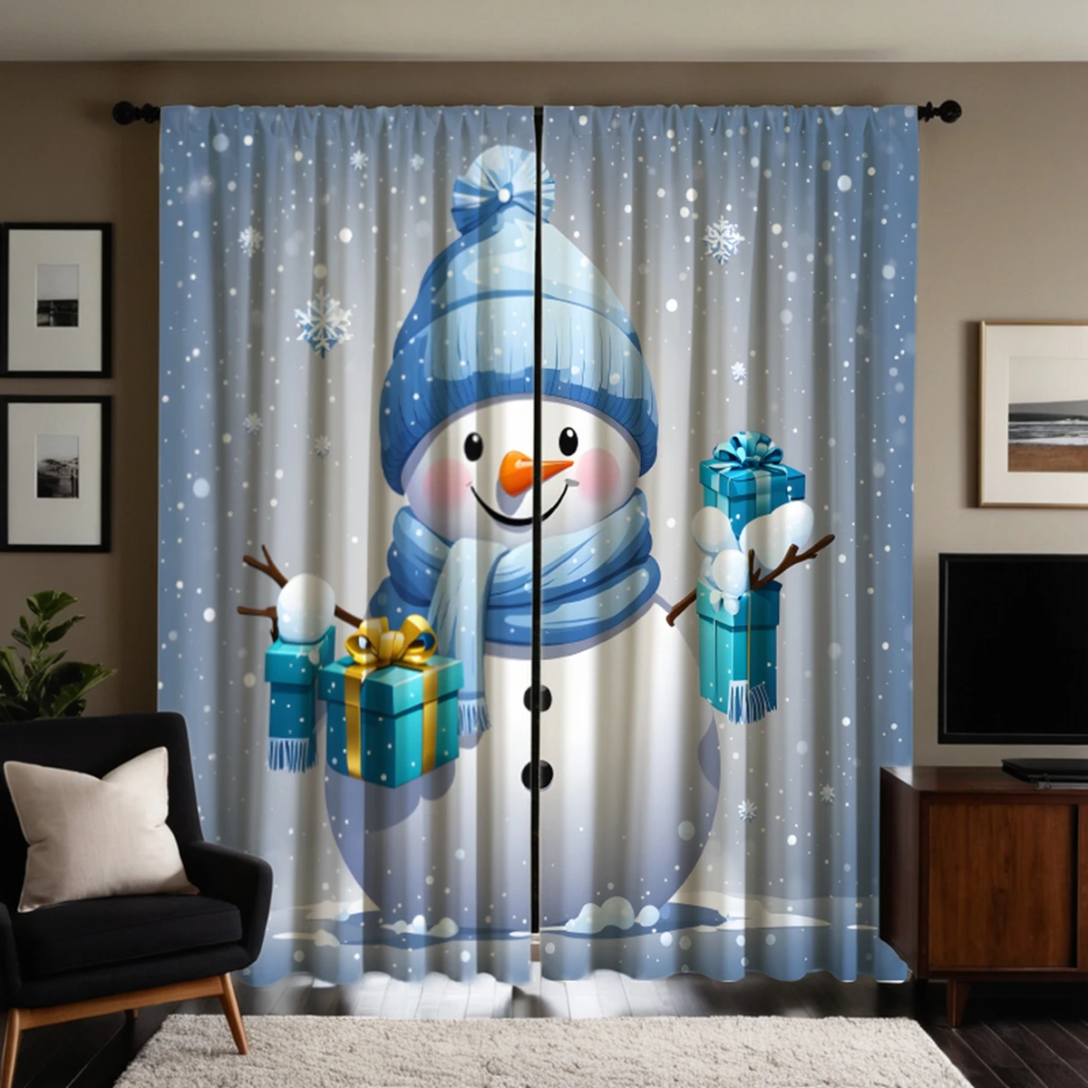 2pcs set HD Christmas gift snowman decoration curtain Blue tie digital printed curtain Home Decoration style Decoration livin 5