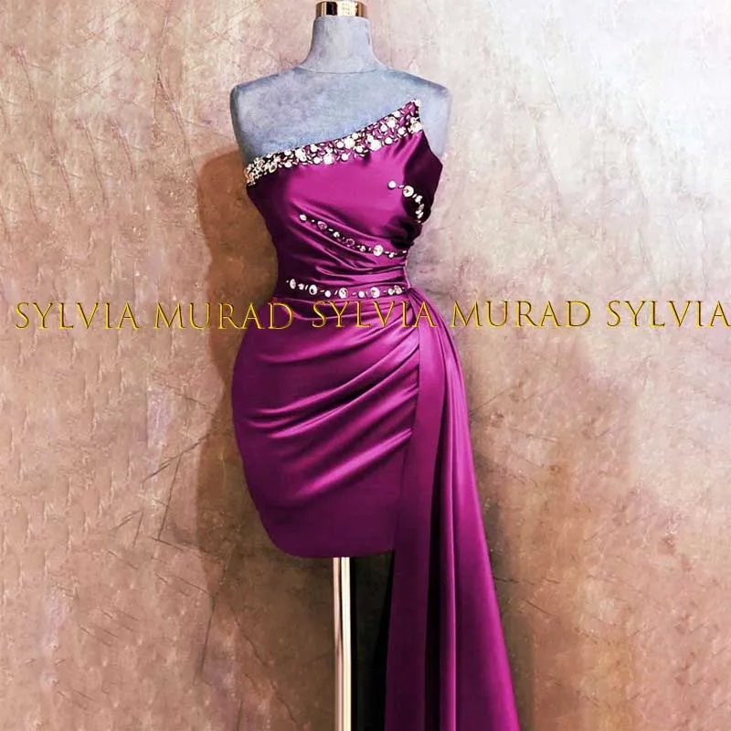 

Shiny Sequins Short Evening Dress With Streamer Pleat Sheath Strapless Purple Satin Mini Cocktail Dresses Party Gown