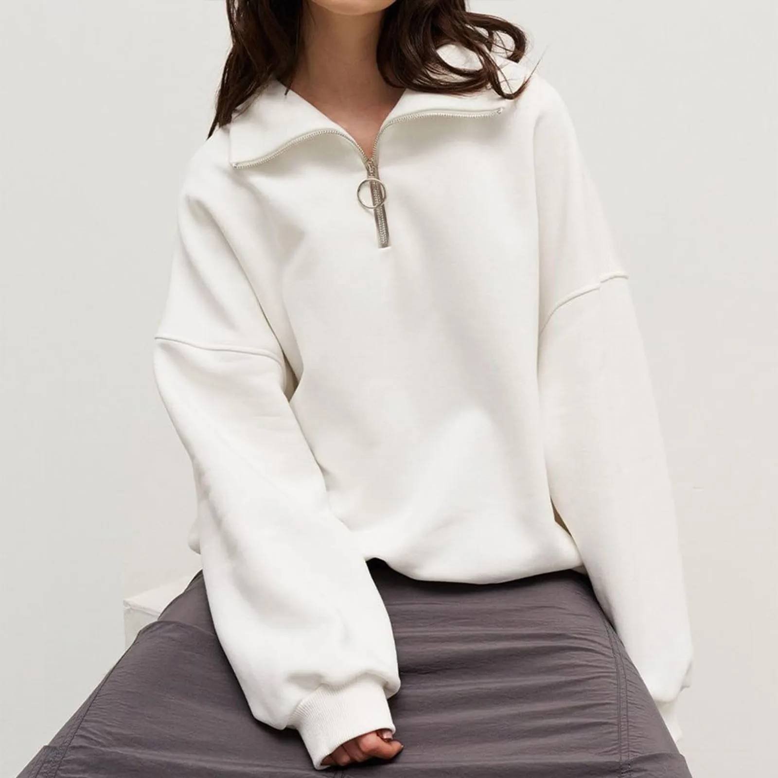 Half Zipper Fleece Sweatshirt For Women Quarter Zip Collar Drop Shoulder  Solid Basic Pullover High Neck Warm Jacket Top 가을 여성 의류 - AliExpress