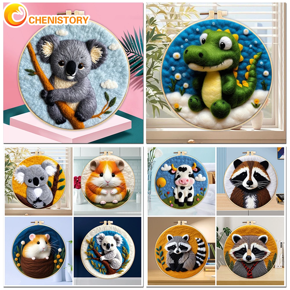 CHENISTORY Frame With Painting DIY Felting Wool Embroidery Kit Animal Painting Needle Wool Handcraft For Beginner Gift 20x20cm