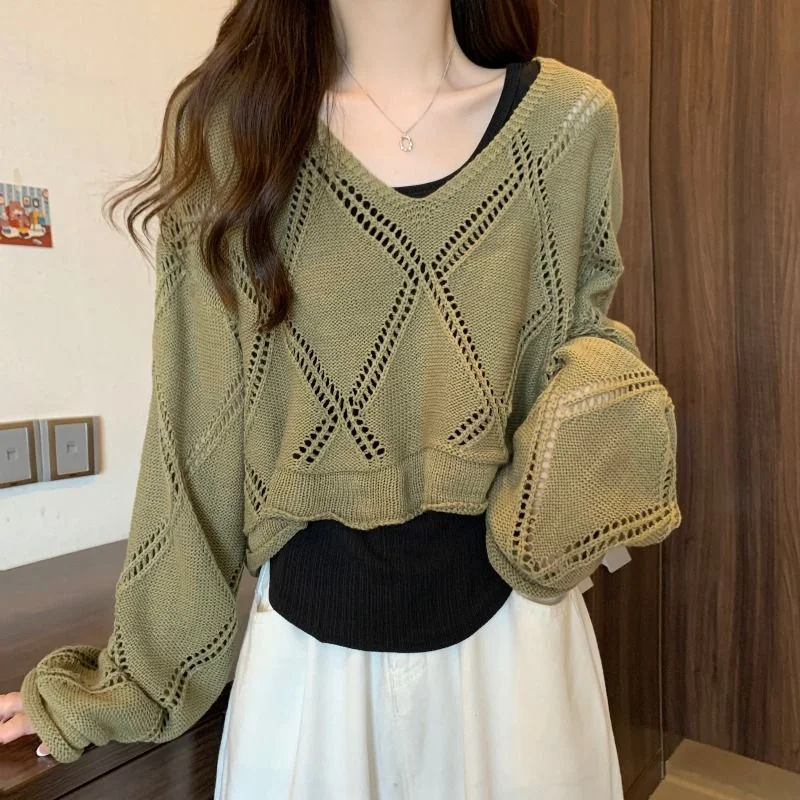 

DUOFAN Women Crop Sweater Casual Loose Thin Solid Knitted Pullover Sweaters with Vest Girl Chic Spring Summer Knit Jumpers