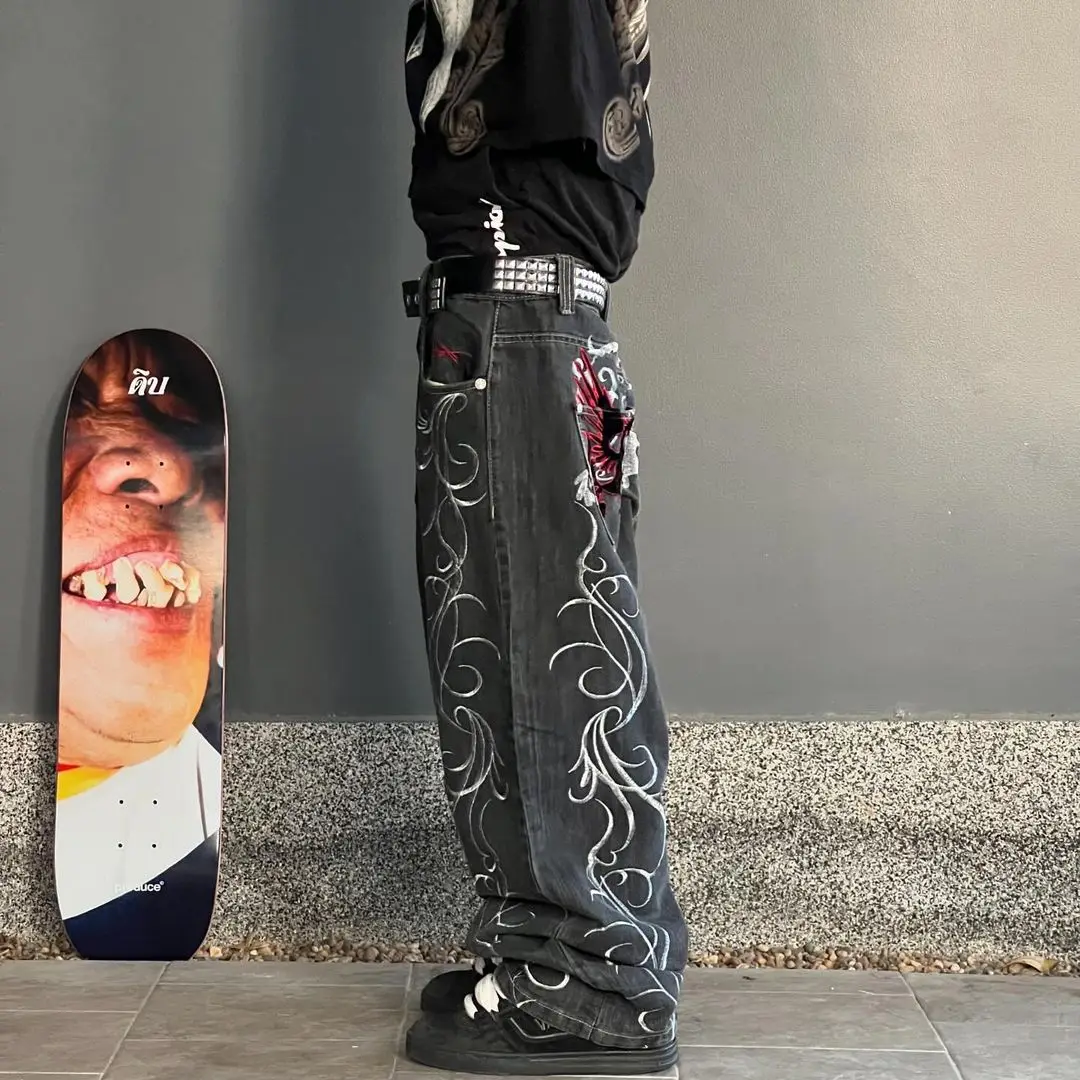 Y2K New Street Harajuku Pattern Jeans Black Baggy Jeans Hip Hop Retro Style Denim Pants Men's and Women's High Waist Wide Pants 3