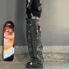 Y2K New Street Harajuku Pattern Jeans Black Baggy Jeans Hip Hop Retro Style Denim Pants Men's and Women's High Waist Wide Pants 3