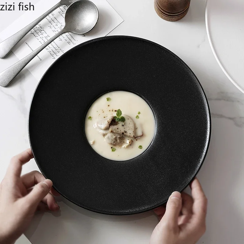 Black White Straw Hat Plate Ceramic Tableware Thick Soup Dish Dessert Dim Sum Dish Pasta Plate Serving Simple Tableware