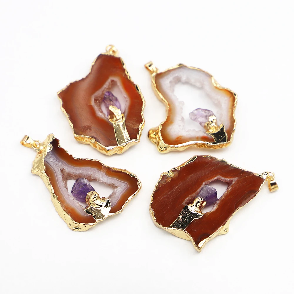 Fashion Natural Stone Agate Druzy Citrine Pendants Irregular Quartz Purple Carnelian Charms Jewelry Making Necklace Accessories
