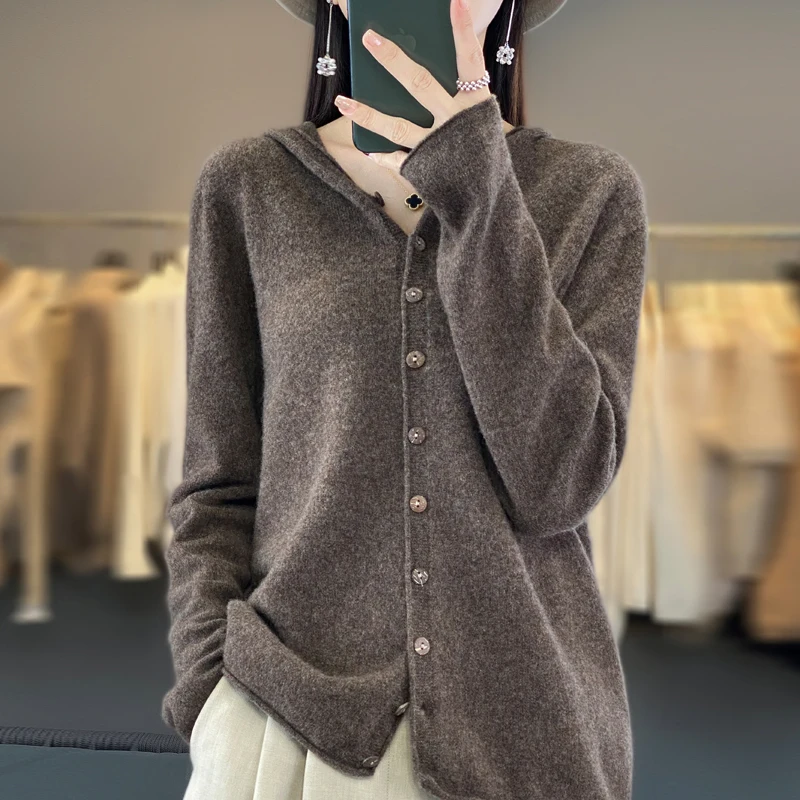 Autumn and Winter New 100% Merino Wool Sweater Women Cashmere Cardigan Knitwear Loose Hoodie Clothing Comfort Tops 4