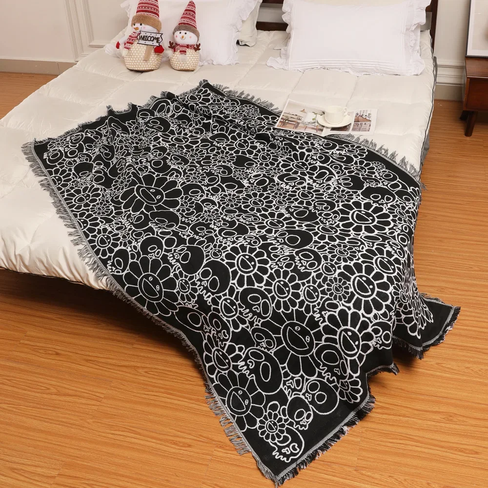 

AB Double-sided Sunflower Line Blanket for Camping Stitch Knitted Hanging Cloth Plaid Sofa Tent Blankets Bed Home