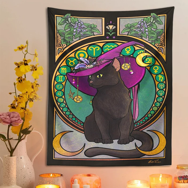 BlackCatMagicTapestryWallHangingPsychedelicMoonConstellation
