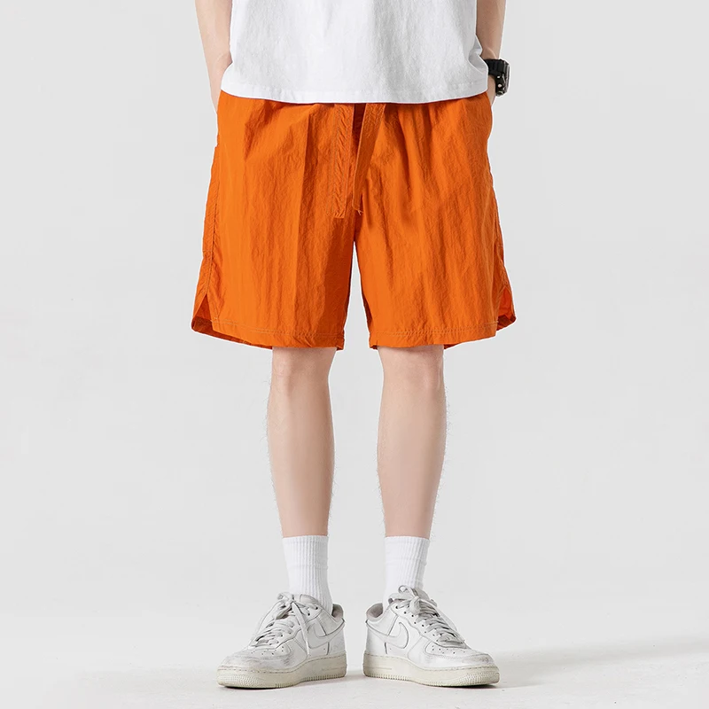 Summer Thin Fashion Trend Casual Shorts Men's Solid Elastic Waist Drawstring Patchwork Pockets Korean Versatile Straight Shorts