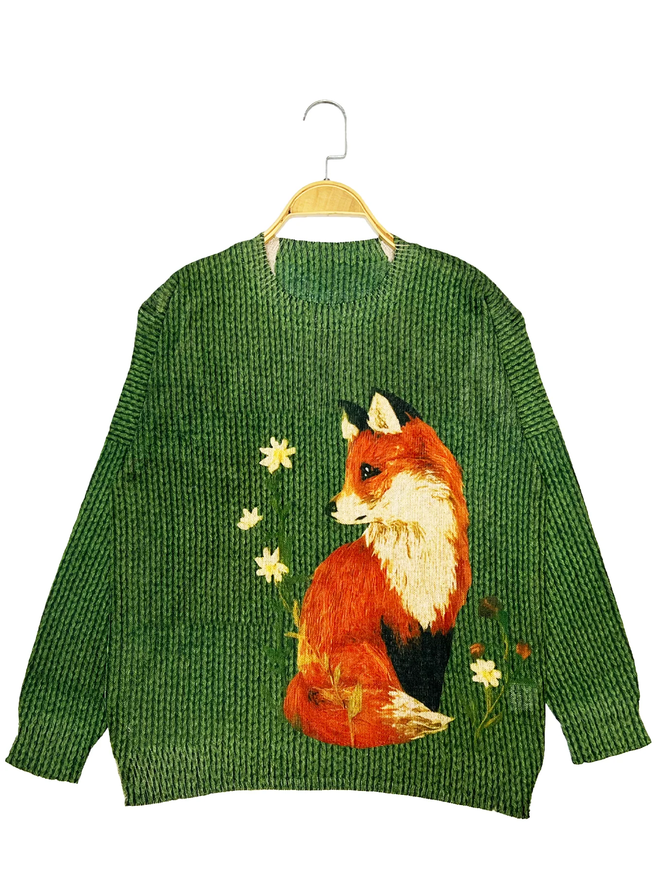 Autumn and winter new chic versatile long-sleeved women's top with fox animal digital print pattern stylish women's thin sweater 3