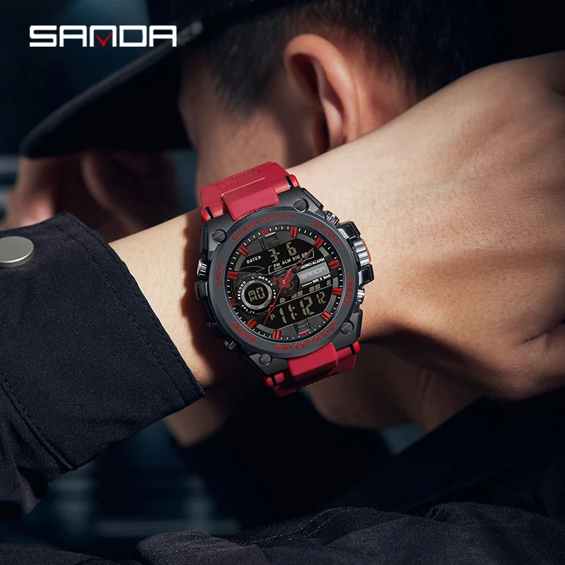 SANDA Trendy Men Multifunctional Dual Display Watch HD LED Digital 50M Waterproof Military Watches Alarm Clock Timing Reloj 9010
