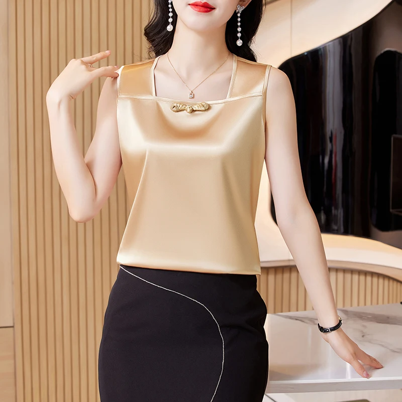 Satin Women Blouse Vintage Chinese Style Buttons Corset Top Solid Basic Elegant Womens Tops Summer Fashion Sleeveless Blouses