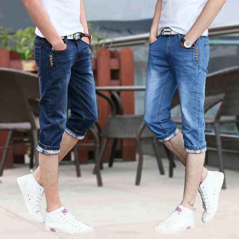 New Summer Fashion Teenagers Cropped Jeans Men Korean Slim Denim Shorts Breeches Stretch Capric Pants Men Thin 3/4 Jeans