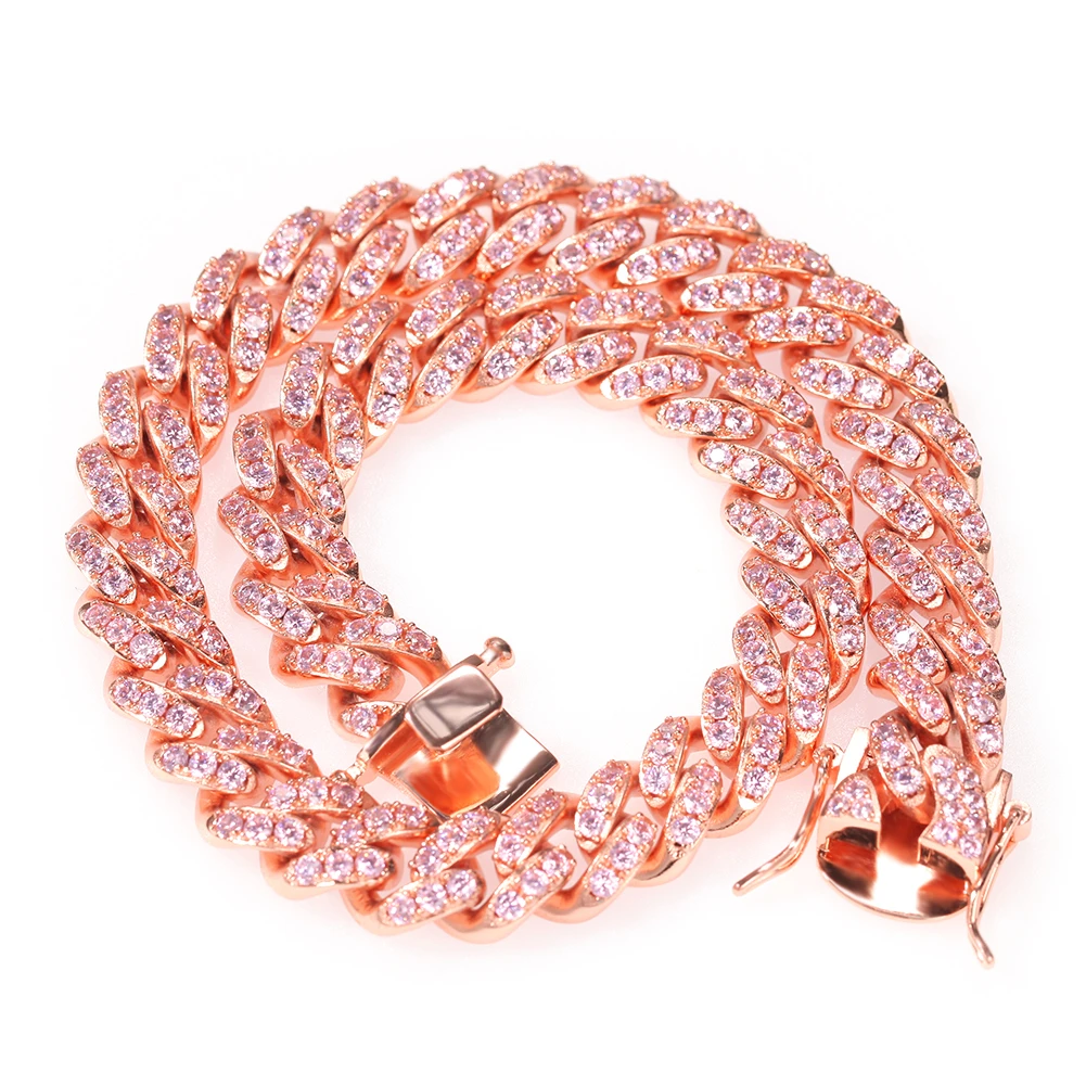 Uwin 12mm Cuban Pink Bracelet Miami Chain Fully Iced Out Bangles Pave Setting AAA+ CZ Luxury Women Accessories