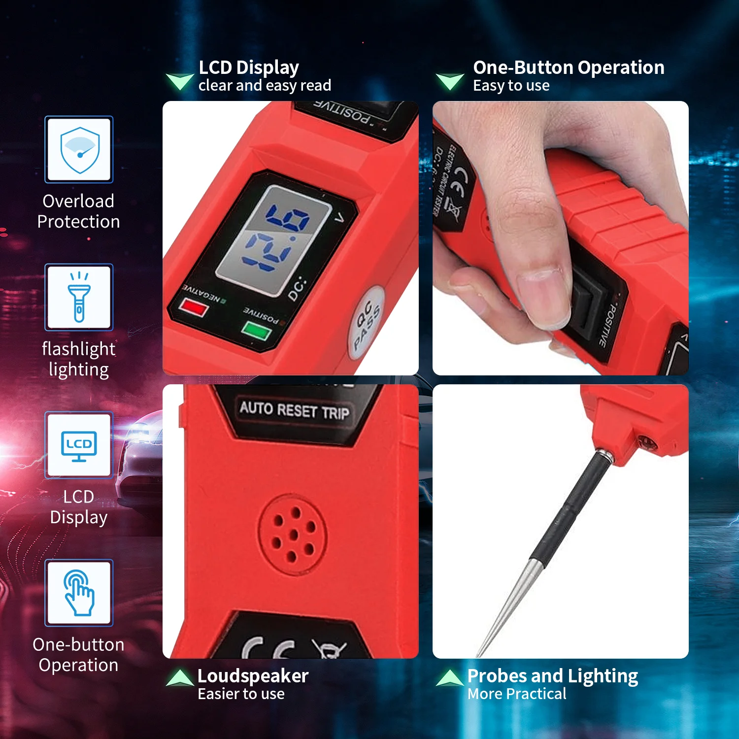 Voltage Tester Automotive Test Light Digital LCD Circuit Tester - 3-24V With Backlit Display & Stainless Probe LCD Display Circuit Tester Power Probe