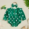 St Patrick s Day Green Shamrock Print Romper with Matching Bow Headband for Baby Girls Irish Toddler Outfit Set 1