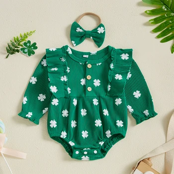 St Patrick s Day Green Shamrock Print Romper with Matching Bow Headband for Baby Girls Irish Toddler Outfit Set 1