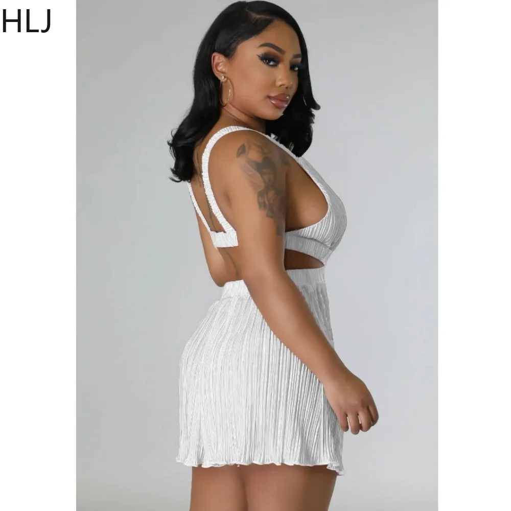 HLJ Casual Solid Color Ruched Loose Rompers Women Deep V Hollow Sleeveless Jumpsuits Summer New Female Backless Slim Overalls