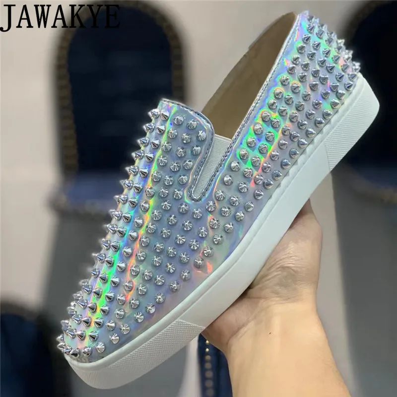 

Luxury Designer Male Business Shoes Silver Glittery Spike Sneakers Slip-on Lazy Loafers Formal Shoes Men's Derby Shoes Oxfords