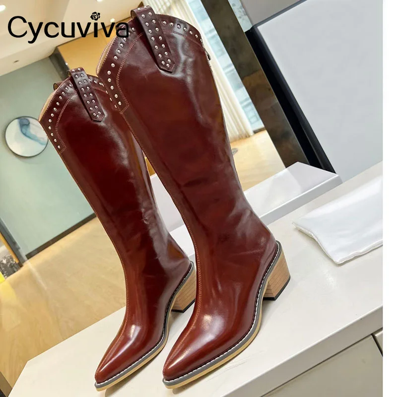 

Runway Studded Real Leather Knee High Boots Women Square High Heel Point Toe Party Shoes Long Boots Autumn Brand Chelsea Boots