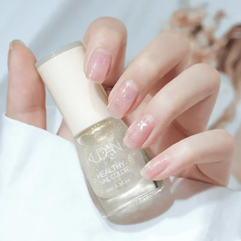 White Fine Glitter Shiny Nude Nail Polish with Transparent Oil Base Coat