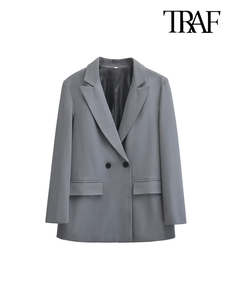 TRAF-Women's Double Breasted Office Wear Blazer Coat, Long Sleeve, Flap Pockets, Female Outerwear, Chic Tops, Fashion 2