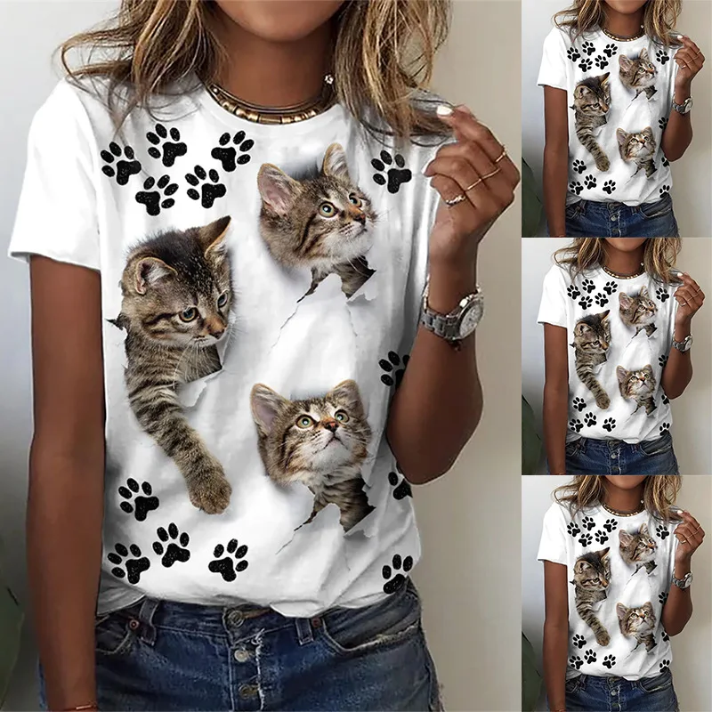 

2023 Summer Women's Animal Print Short Sleeve Round Neck T-shirt Fashion Female & Lady Casual Versatile Top Shirts