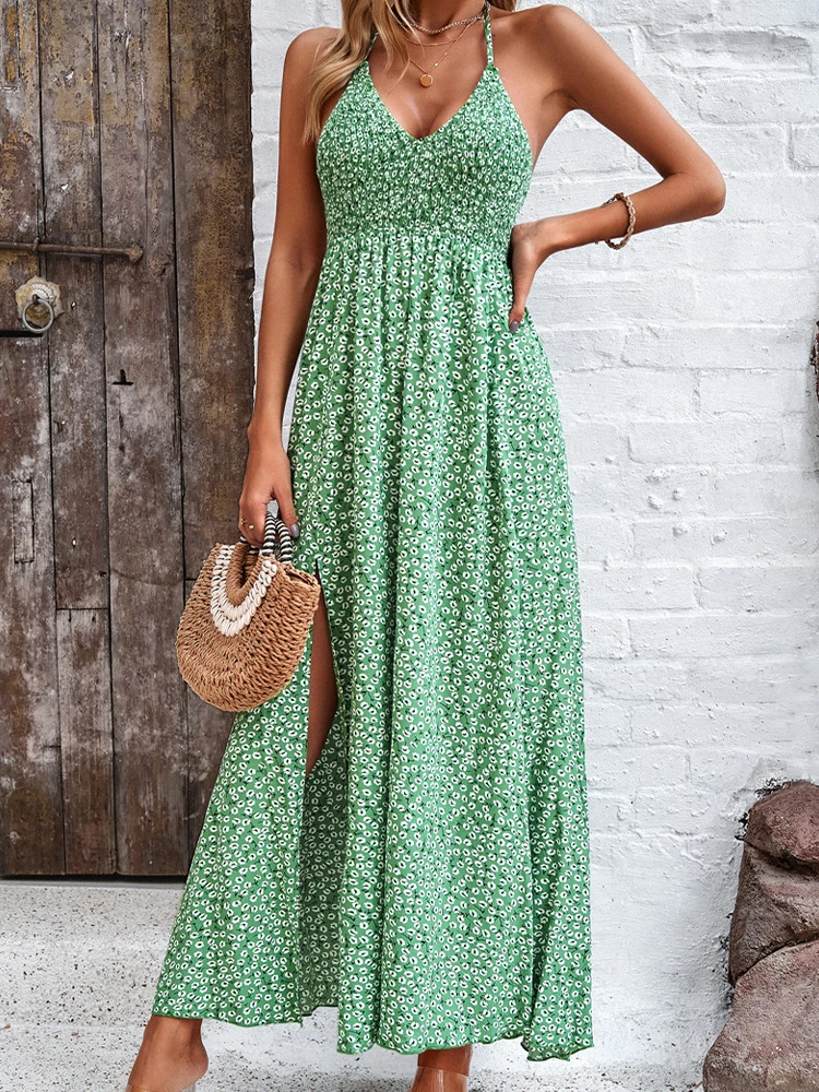

Boho Polka Dot Dress Women Summer Vintage Floral Print Long Dress Female Elegant Slip Maxi Dress Ladies Beach Sundress Vestidos