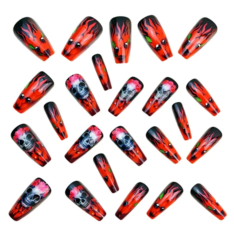 Dark Red Long Ballet Press On Nails With Skull Flower Art Set_voghion.com