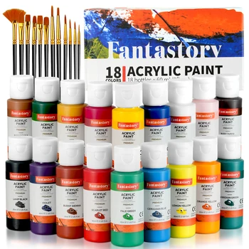 Fantastory Acrylic Paint Set 18 Classic Colors (60ml) with 12 Brushes, Professional Craft Thick Paints Kits for Adult 1