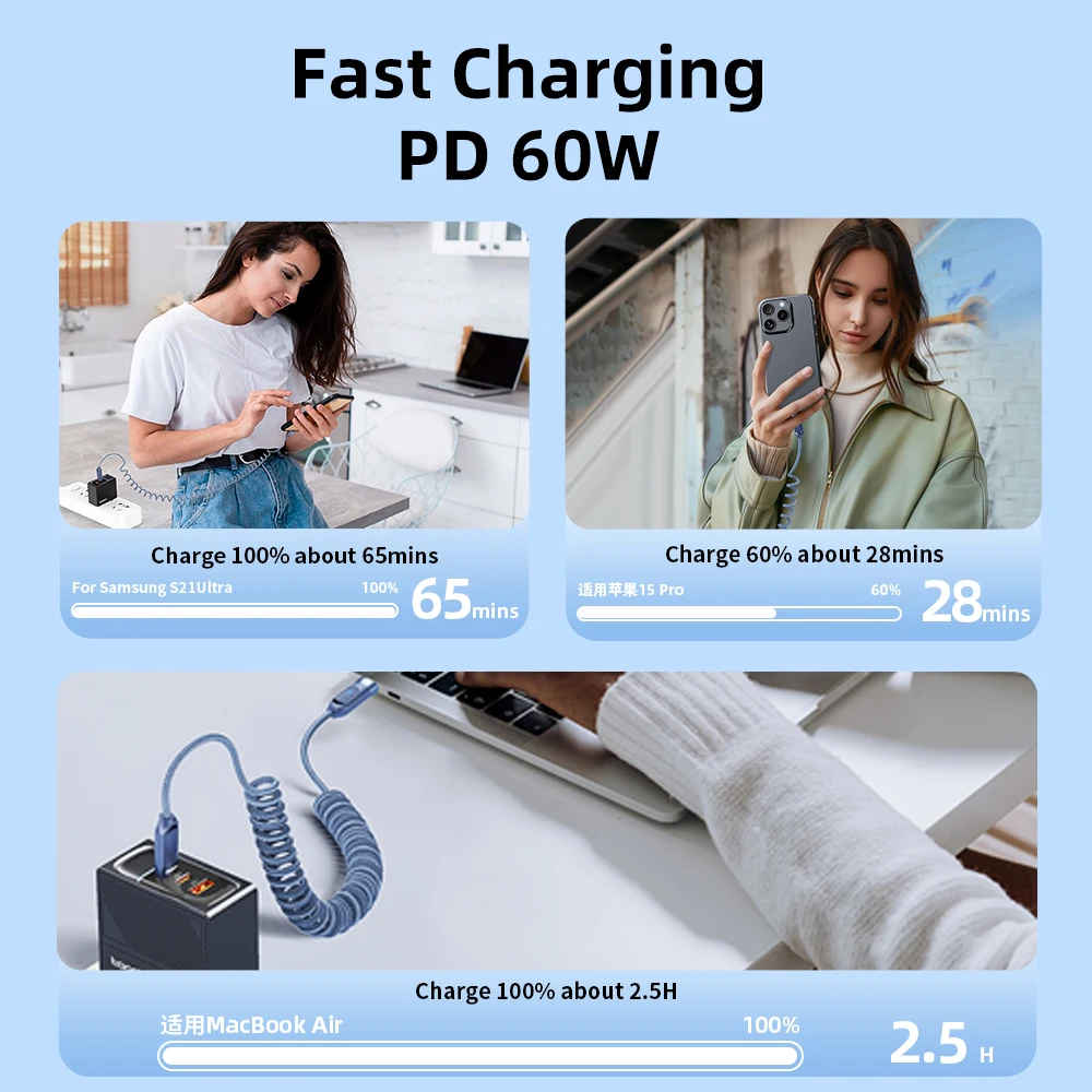 iPhone 15 시리즈 C용 Toocki 60W USB C 케이블 - 유형 C 와이어 LED PD 고속 충전기 스위치 HP SMS용 USB C 스프링 데이터 케이블