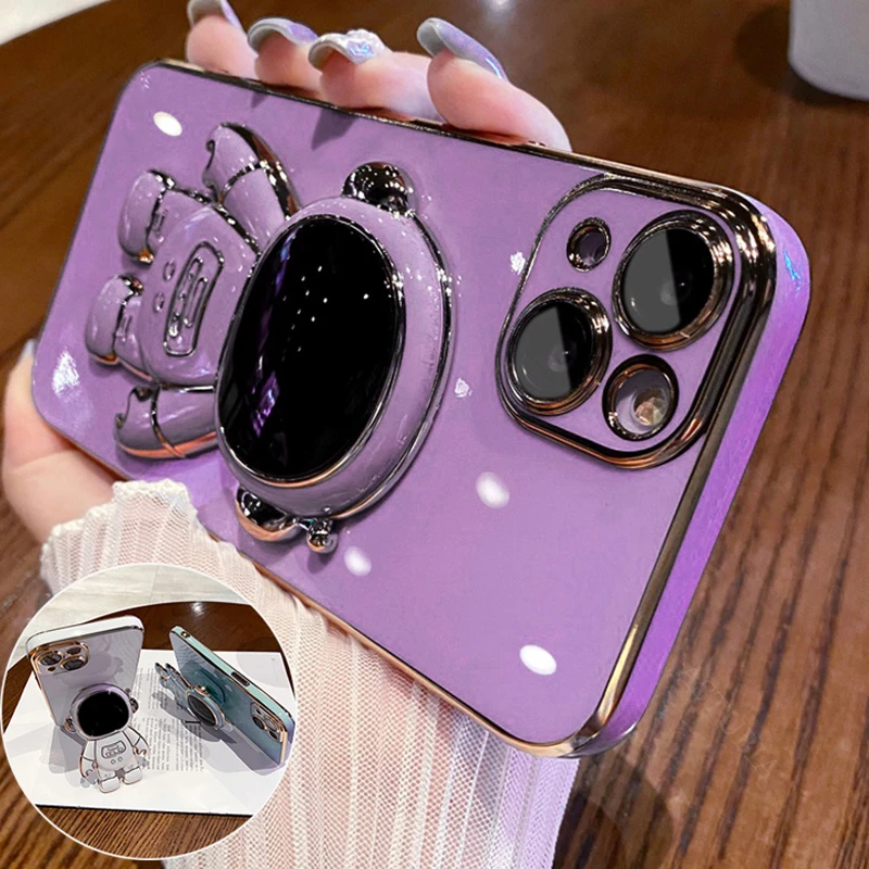 1DS Astronaut Fold Stand Holder Phone Case for IPhone 11 12 13 Pro Max Mini XS XR X 7 8 Plus SE 2020 6 6S Plating Soft Cover cool iphone 11 Pro Max cases