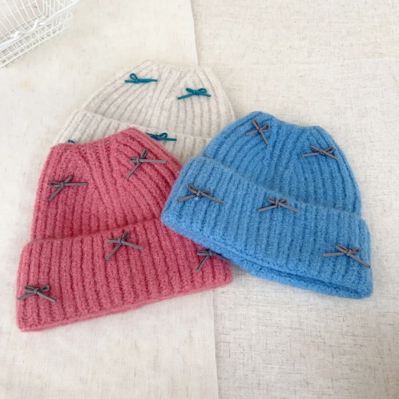 Sweet Bow Thickened Children's Woolen Cap Winter Versatile Knitted Hat Baby Ear Protection Hat Kids Winter Warmer Accessories