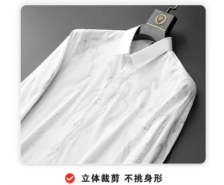 Description Picture 4 of itemLuxury Rhinestones Shirts for Men Solid Color Long Sleeve Casual Shirt Slim Social Party Tuxedo Business Formal Dress Shirts