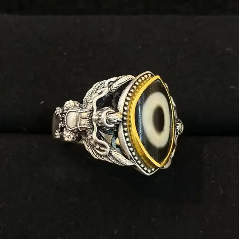 

Tibetan Tian Zhu Open Ring Seiko Inlay Ethnic Style Retro Advanced Sense Adjustable Ring Eye of The Heavenly God Ring Jewelry