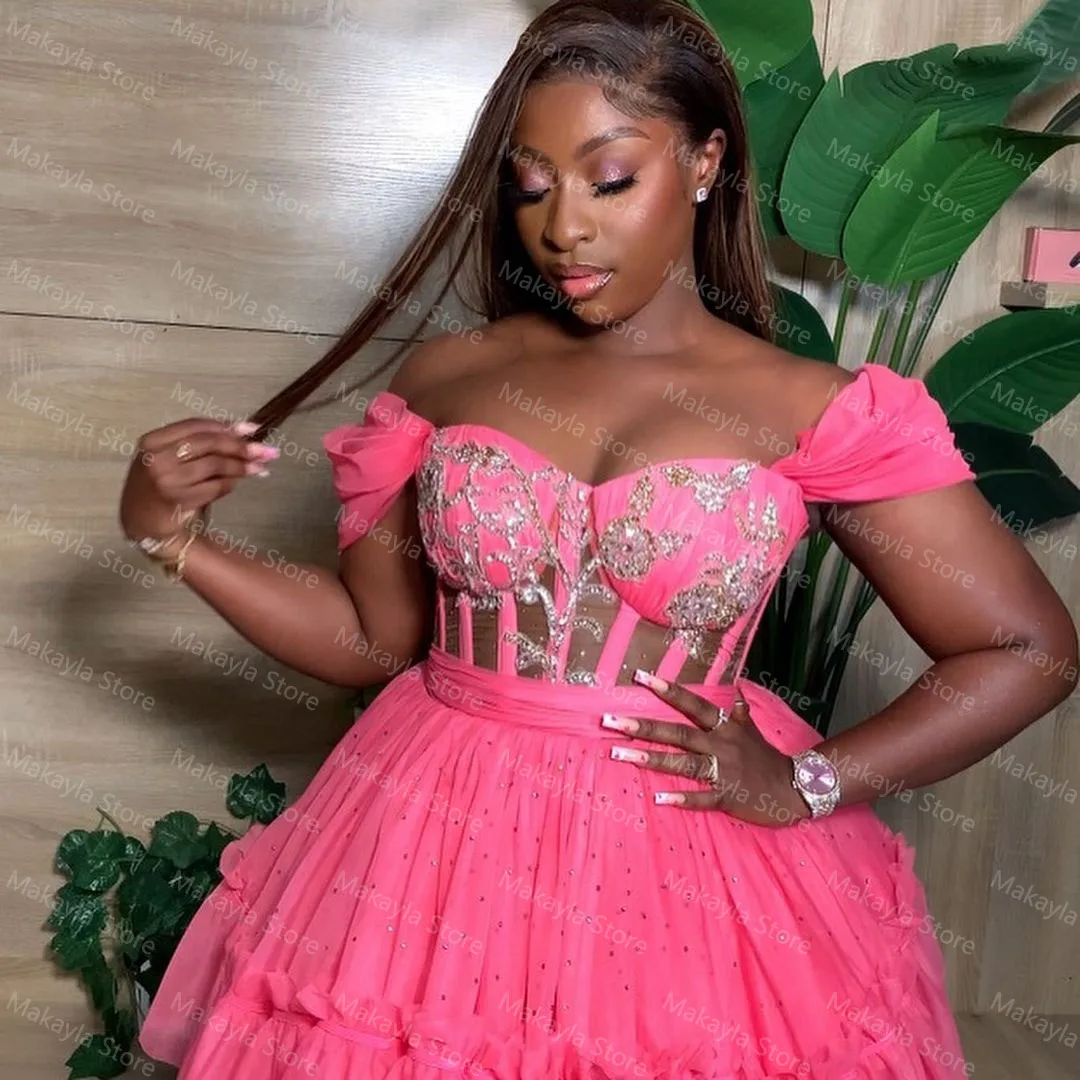 Sweet Pretty Short Party Dresses Off Shoulder Appliques Corset Tulle Ball Gown Plus Size Women Prom Evening Gowns Custom Made orange prom dresses