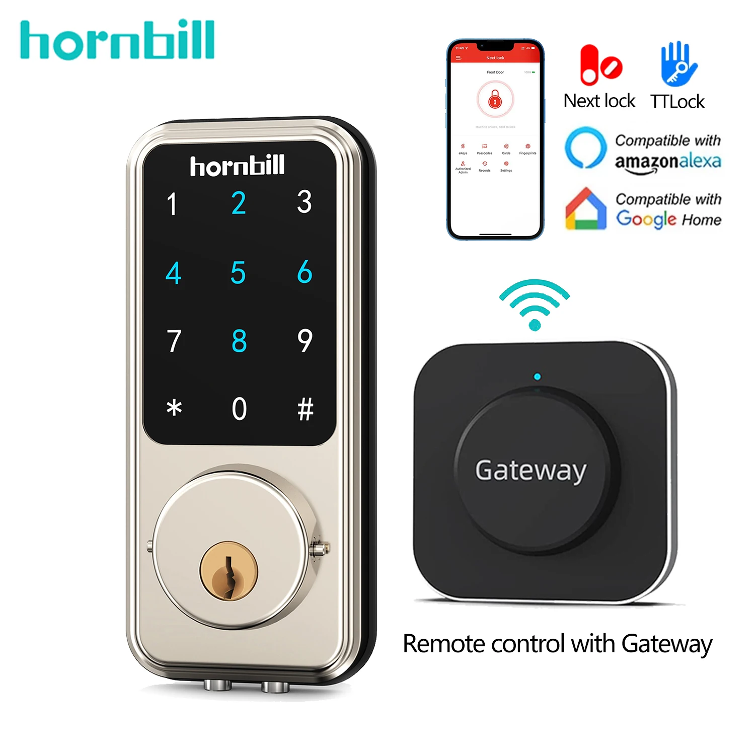 

Hornbill Wifi Smart Door Lock Electronic Digital Keyless Entry Locks Deadbolt With G2 Hub Gateway Remote Control Home Security