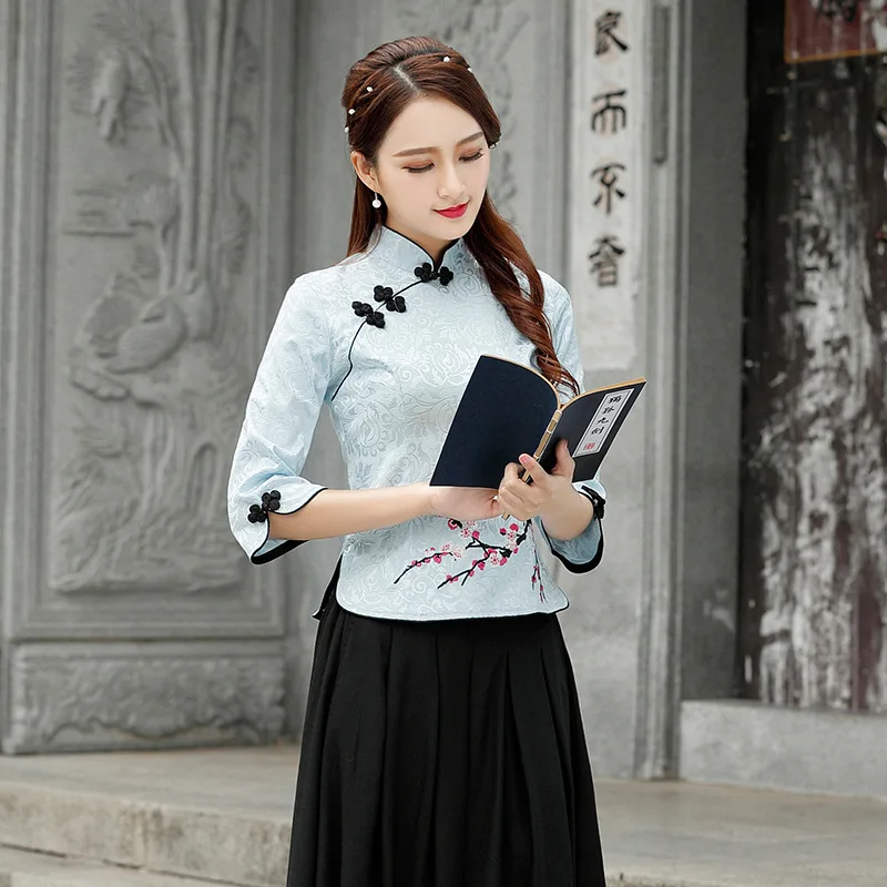 Chinese Style Tang Clothing Female Vintage embroidery Floral Mandarin Collar Shirt Retro Tops Satin Blouse Large Size 3XL- 5XL