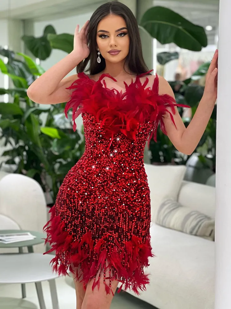 

Women Celebrity Sexy Strapless Feather Mesh Sequins Diamonds Tassel Red Mini Dress 2024 Elegant Evening Party Club Dress Vestido