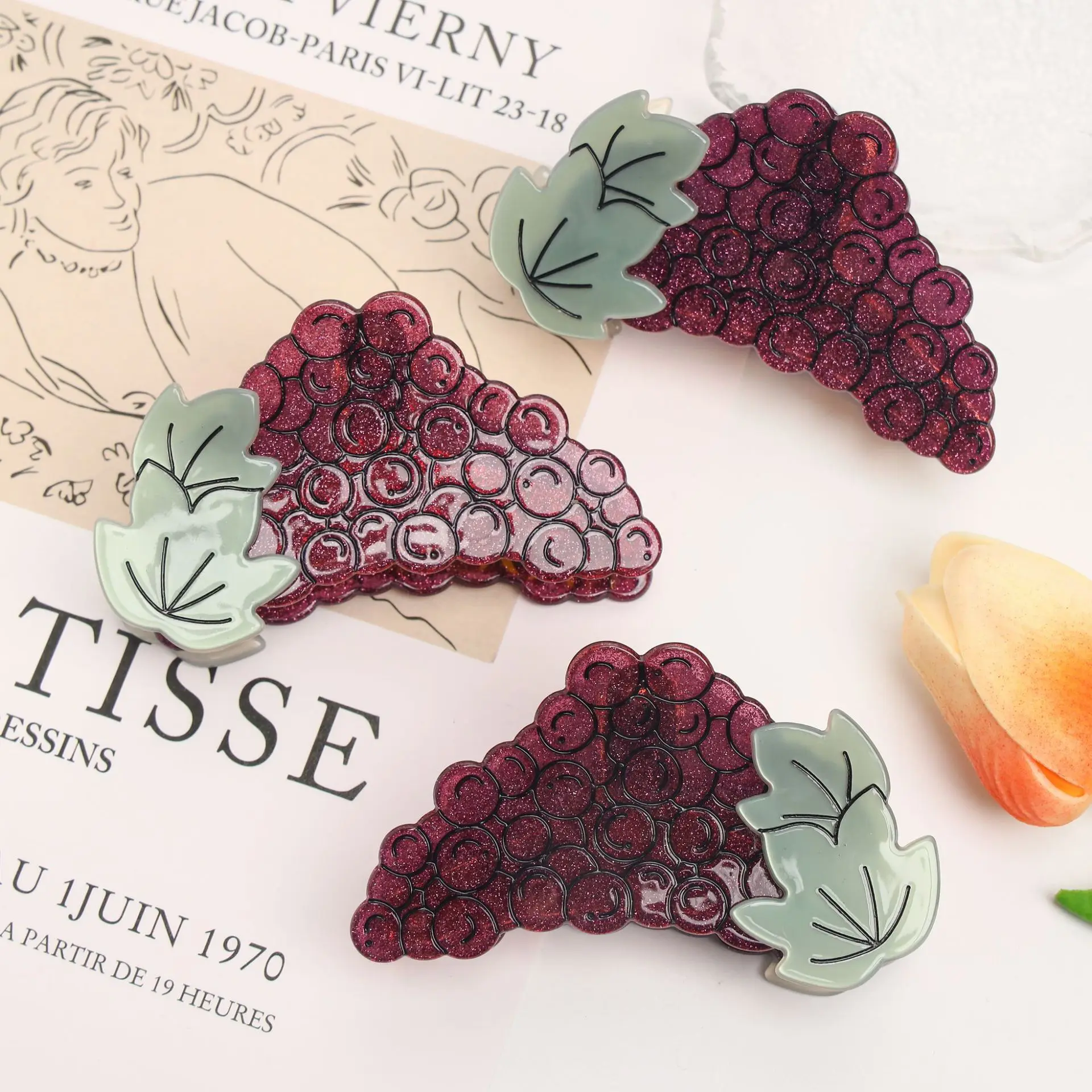 

Когти YWYHJ в японском стиле для волос в виде винограда, ацетатные когти в виде фруктов, заколка для волос в форме акулы, аксессуары для волос для женщин и девочек